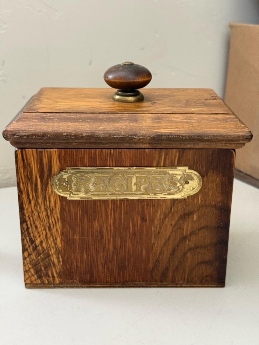 Vintage Recipe File Box Wooden  ~8" x 5" With Brass Label & Cards Early American